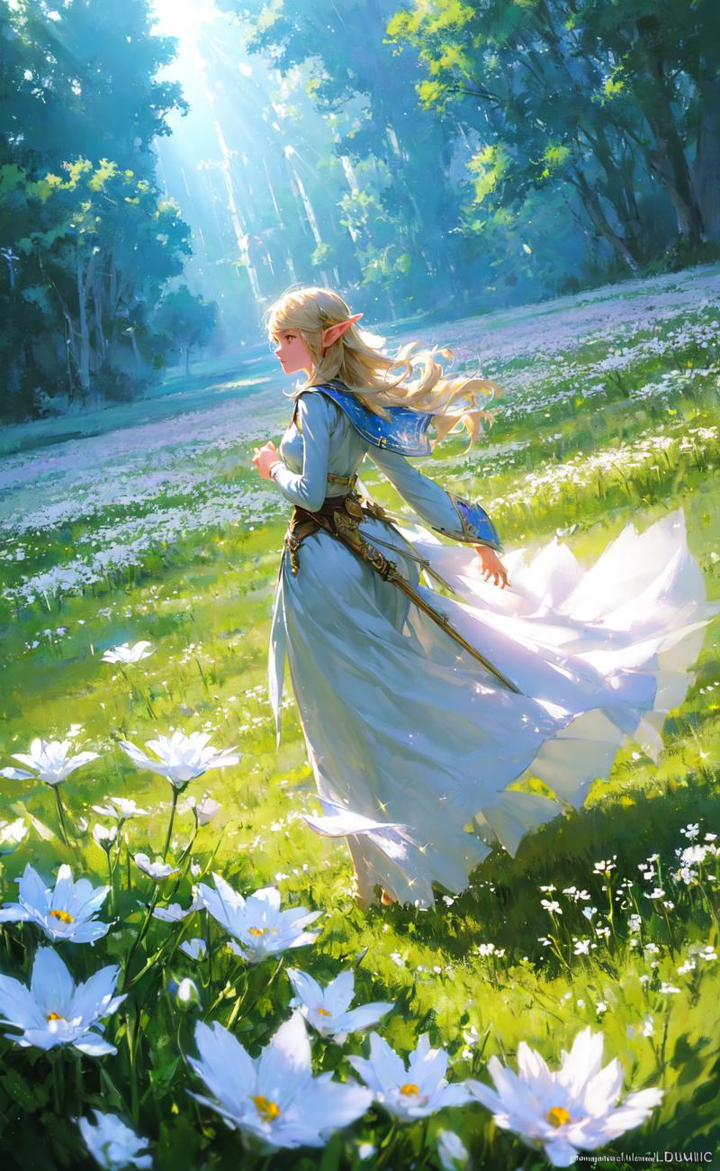 59397-4023328624-masterpiece, best quality, 1girl, elf adventurer walking through a field of white flowers, dutch angle, cinematic, volumetric li.png